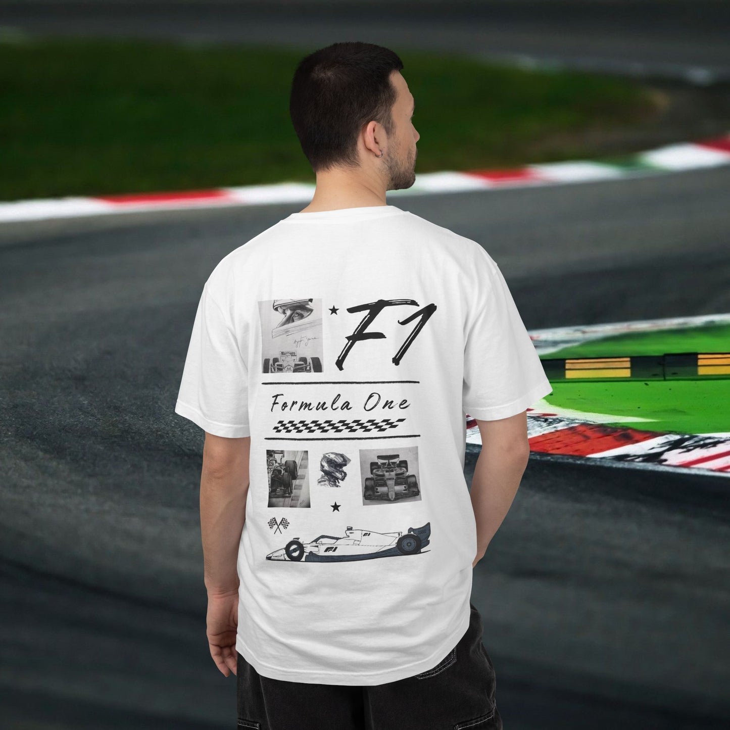 Formula 1 racing graphic t-shirt featuring F1 car, driver helmet, and racer design