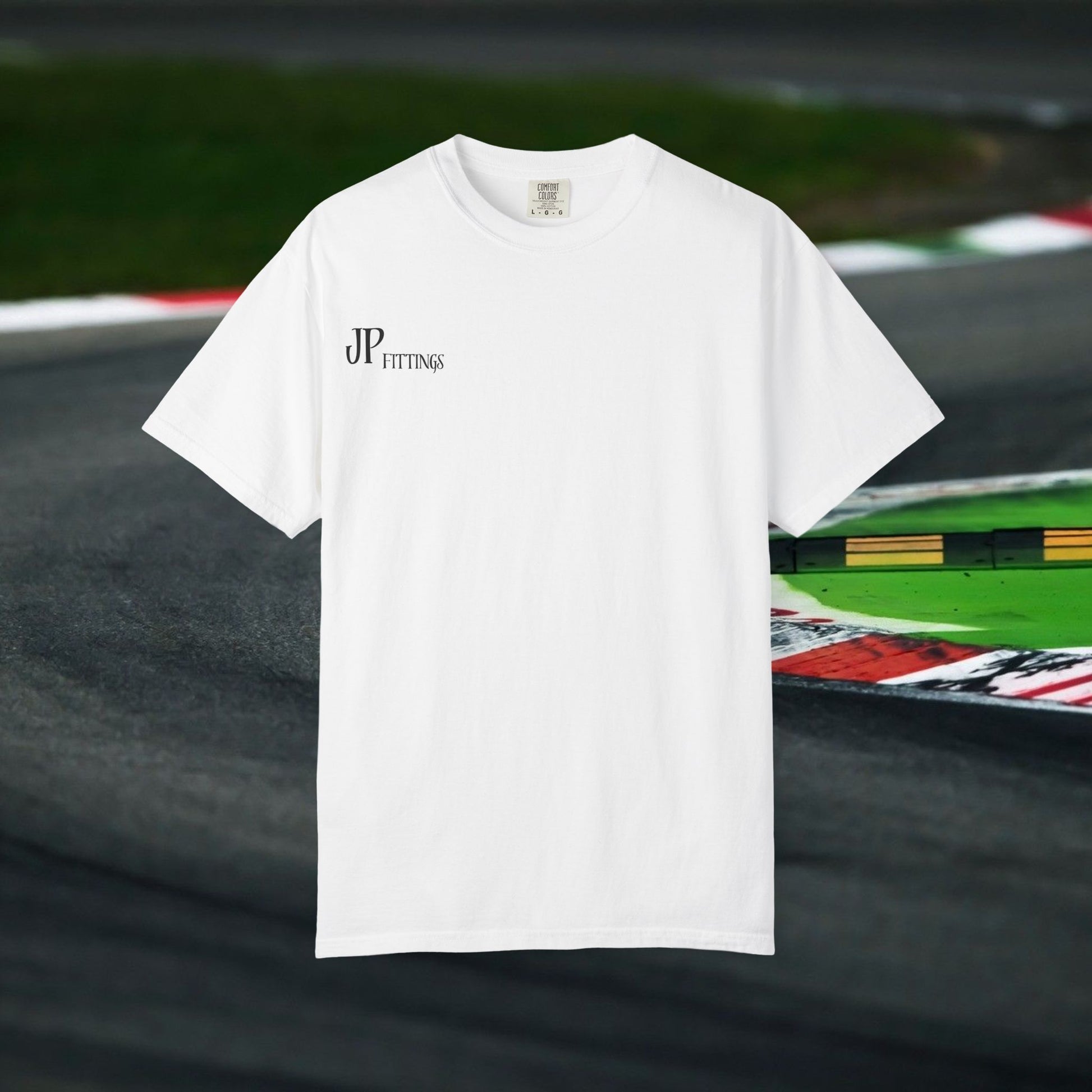 White men's T-shirt with Formula 1 racing design and JP Fittings logo
