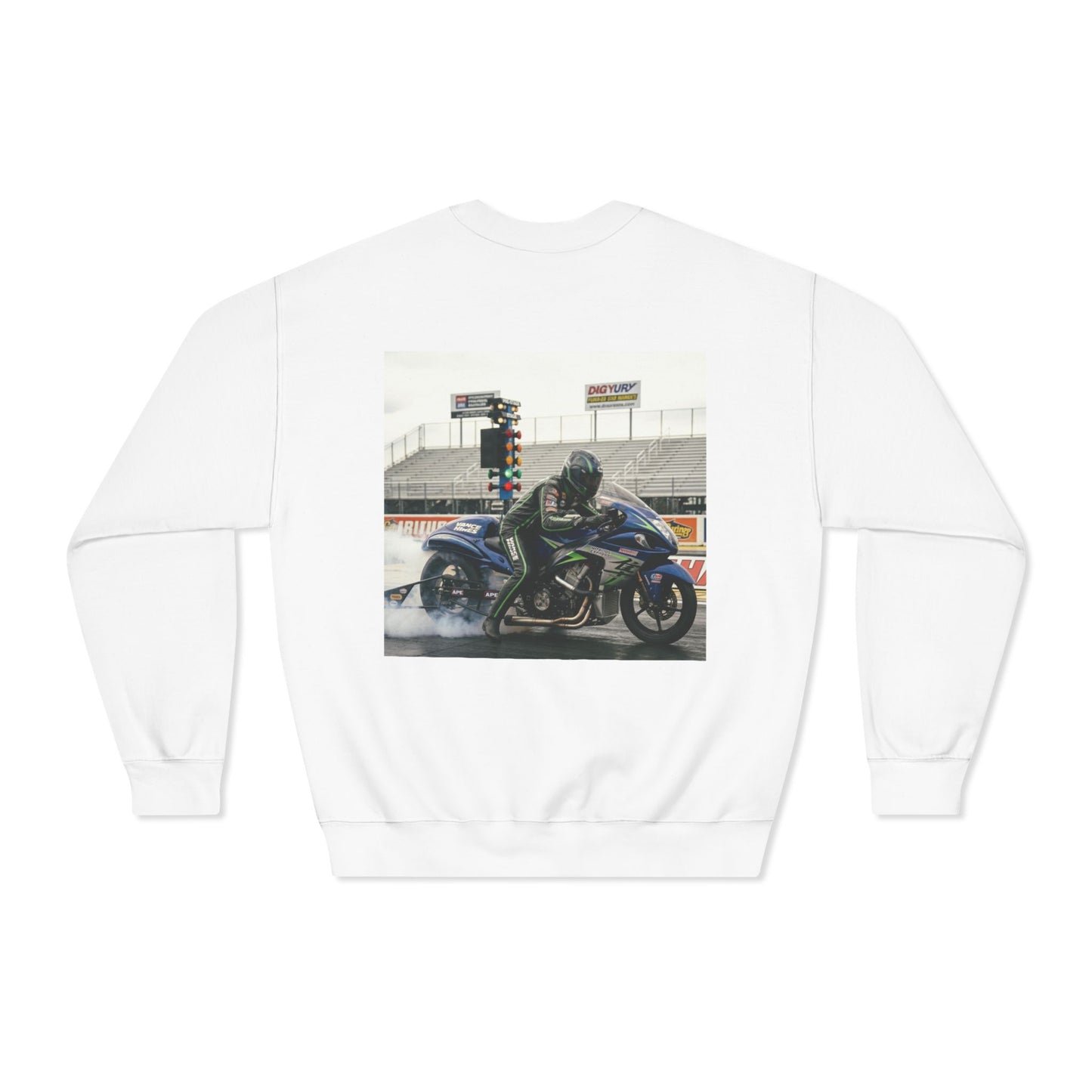 Motorcycle Drag Racing Crewneck Sweatshirt — Blue Sportbike Burnout Graphic