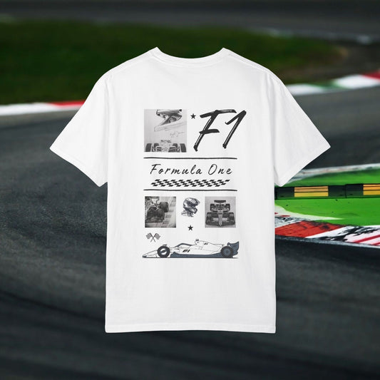 Formula 1 racing graphic tee with car, helmet, and driver images